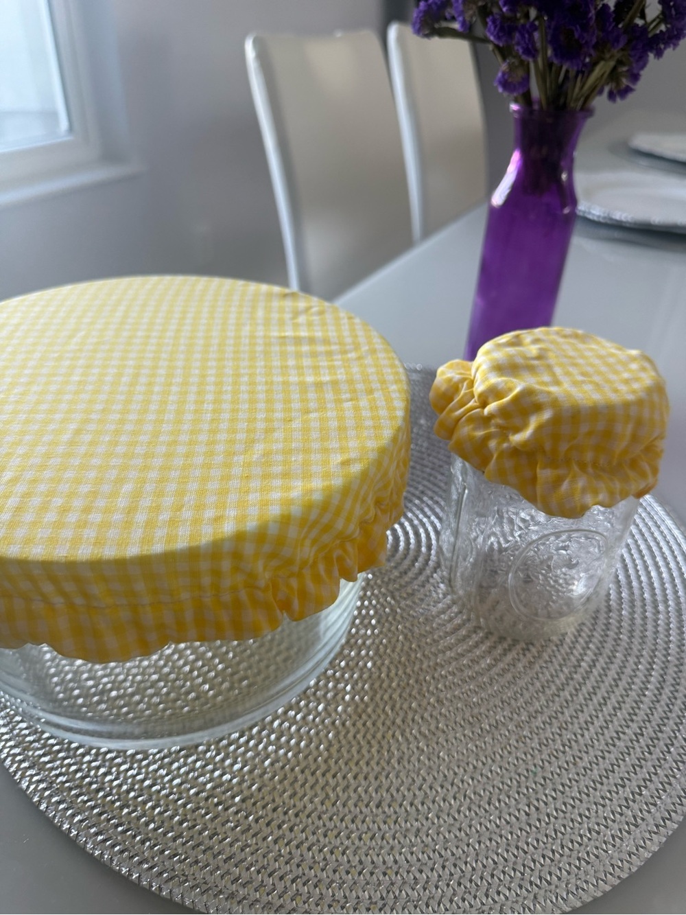 Yellow Gingham Reusable Jar Covers - Home Kitchen…1 large +1 small ( gift)